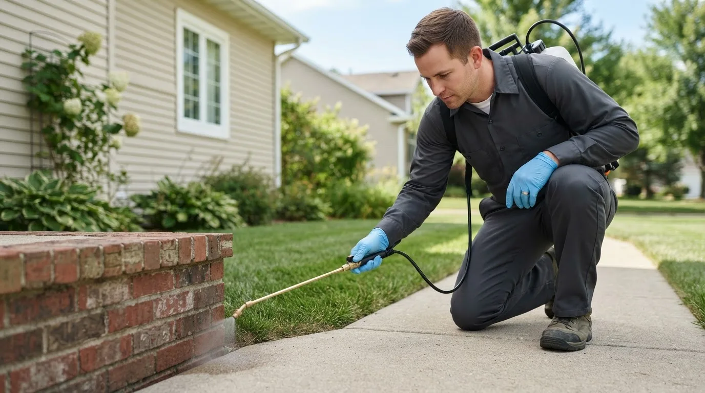 Pest control technician treating a home near Dallas, OR
